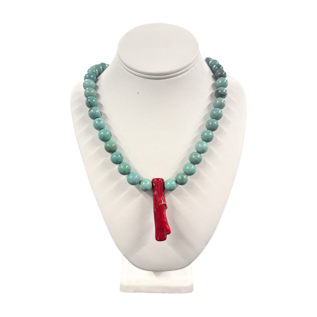 Turquoise Necklace with Red Coral Pendant
