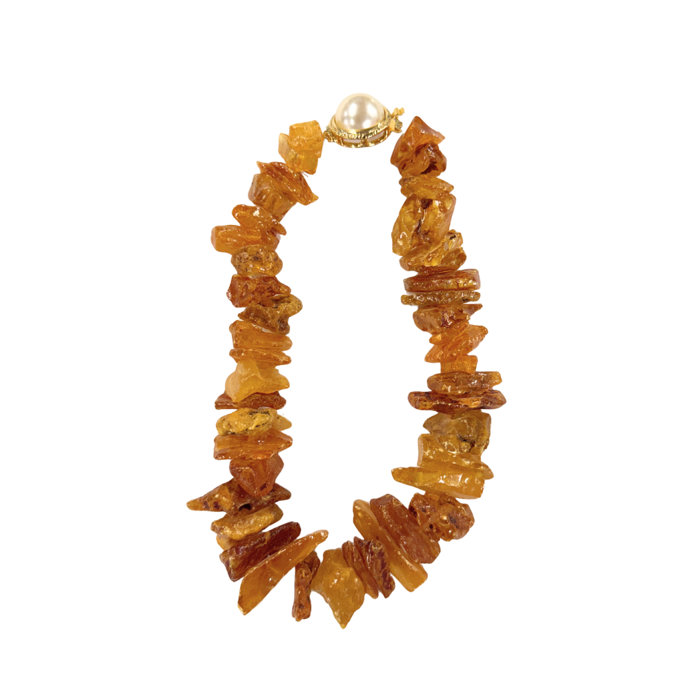 Amber Chunk Necklace with Pearl Clasp