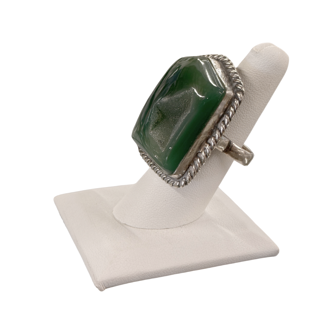 Green Agate Ring with Druzy Center
