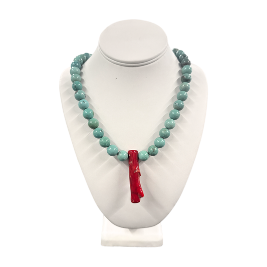 Turquoise Necklace with Red Coral Pendant