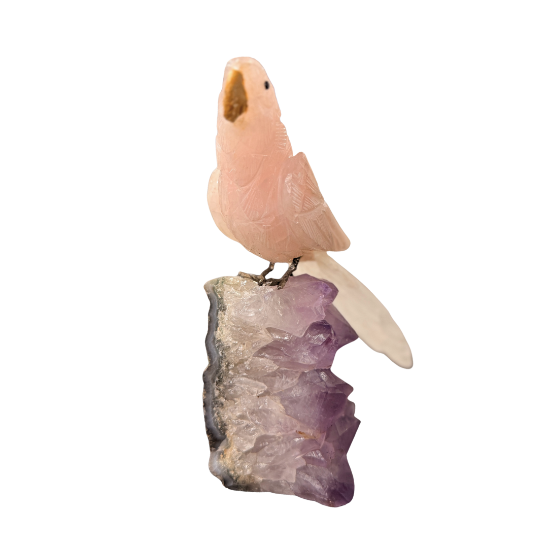Rose Quartz Bird on Amethyst