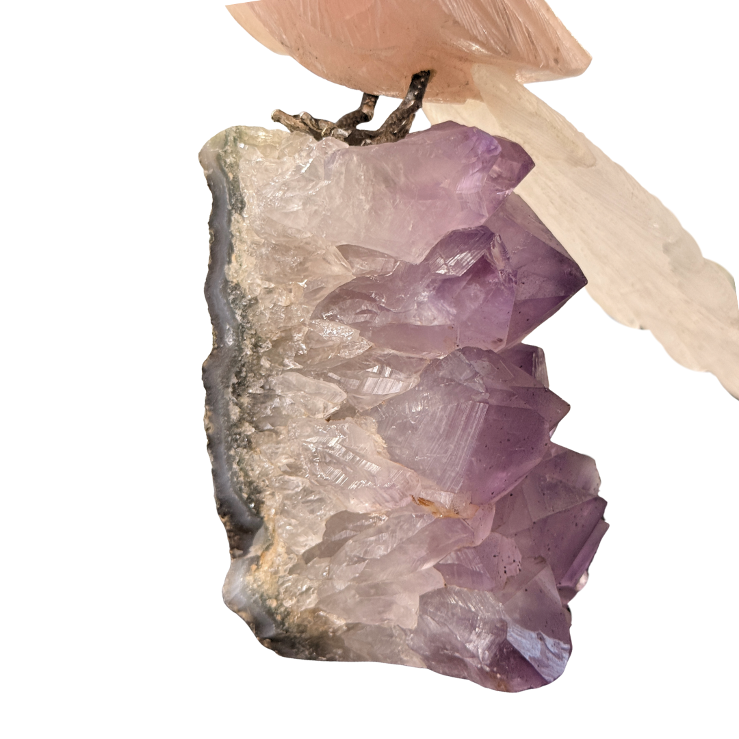 Rose Quartz Bird on Amethyst